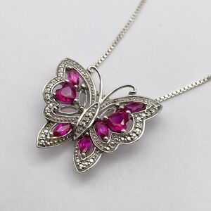 Sterling Silver Ruby Color Butterfly Pendant Necklace Sparkling Silver Butterfly